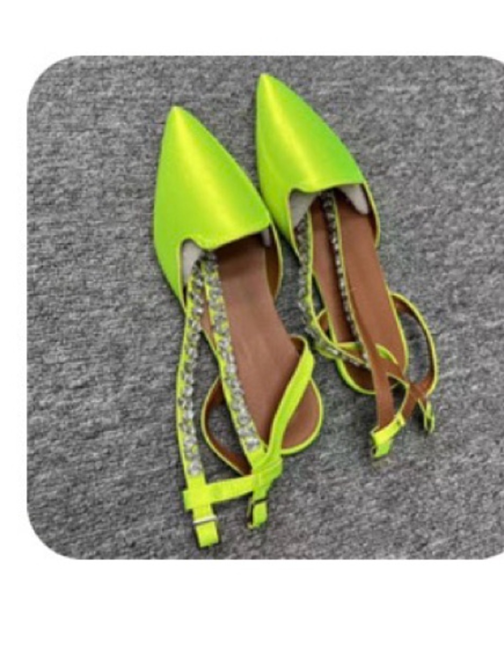Neon Lime Pointed Toe Slingback Flats with Crystal Straps